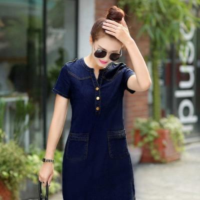 ĐẦM JEAN SUÔNG CỔ TRỤ LAI BẦU - J.77